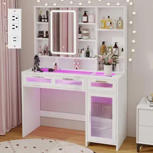 White Vanity Desk with Mirror and Lights, 43" Makeup Vanity Desk with Glass Top, Power Outlets, 2 Drawers, 10 Shelves & Acrylic Cabinet, LED Vanity Table for Girls Women Gift