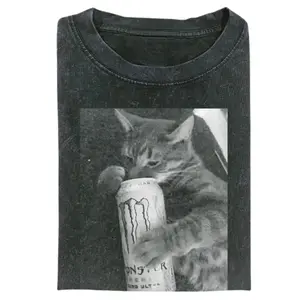 Monster Energy Cat Meme Graphic Tee, Black And White Aesthetic Shirt, Funny Hyper Cat Energy Shirt, Crew Neck T-Shirt, Streetwear Short Sleeve Tshirt, Unisex Menswear Womenswear Top