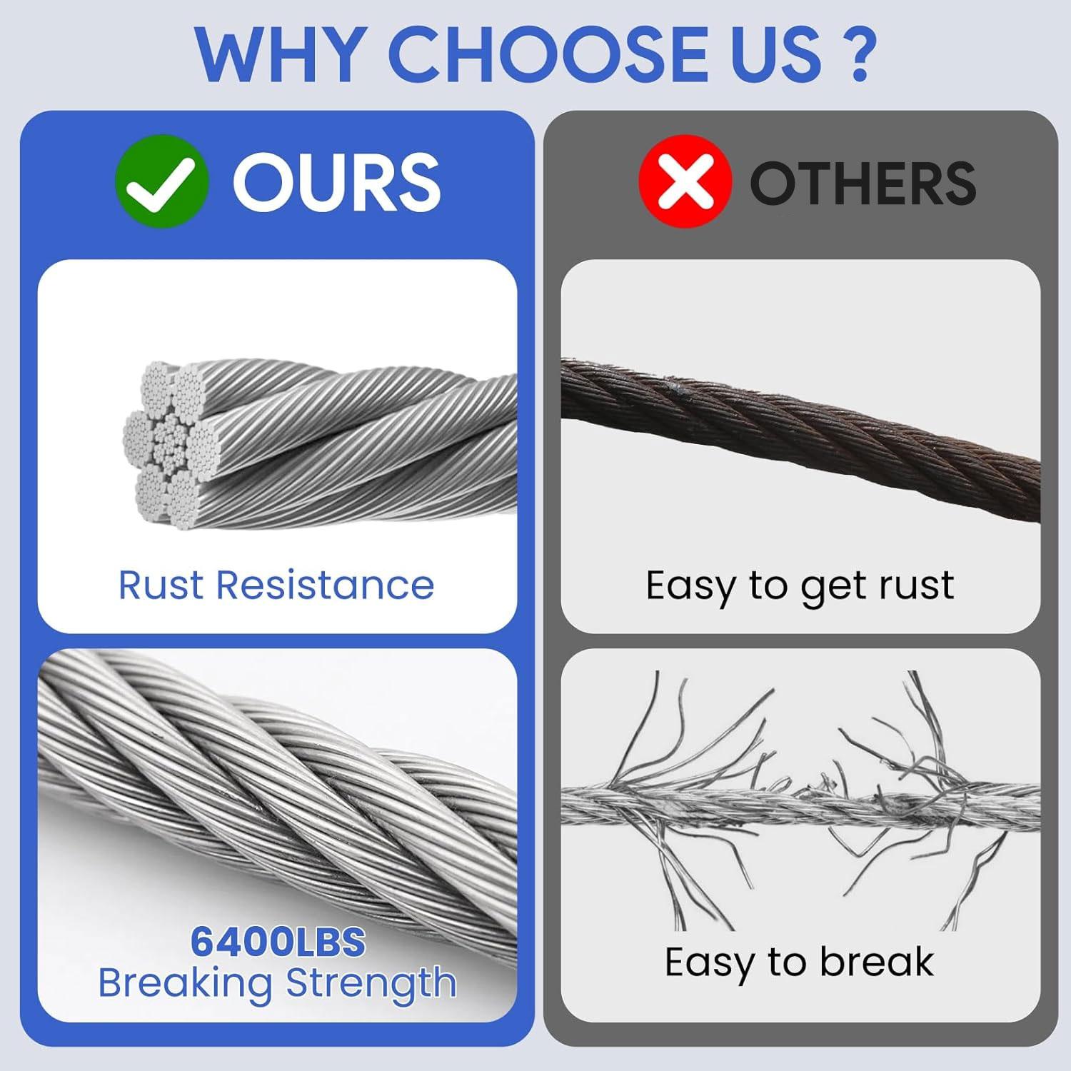 Maeklon 400ft 1/4" Stainless Steel Cable, 7x19 Strand Aircraft Wire Rope, Breaking Strength 6400 Ibs Stainless Steel Zip Line for Heavy Duty Applications, Deck Railing, and String Lights