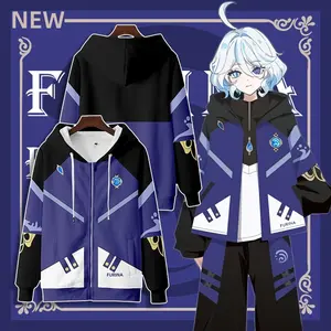 New Anime Genshin Impact Furina Zipper Hoodie Japanese Men'S Fashion Women'S Loose 3D Printing Sweater Unisex Casual Long Sleeve Hooded Jacket Top Cosplay