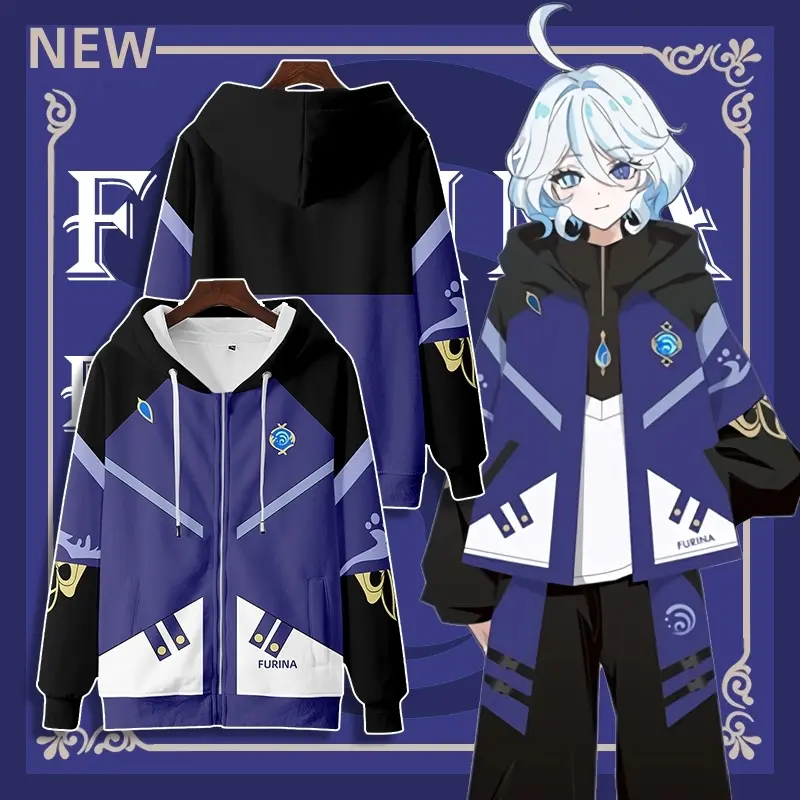 New Anime Genshin Impact Furina Zipper Hoodie Japanese Men'S Fashion Women'S Loose 3D Printing Sweater Unisex Casual Long Sleeve Hooded Jacket Top Cosplay