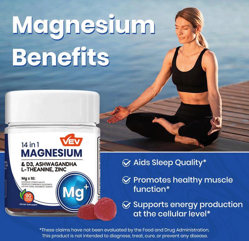 VEV 14-in-1 Magnesium Gummies-withAshwagandha,L-Theanine, Vitamin D3 & Zinc, EdibleHealthcare Dietary