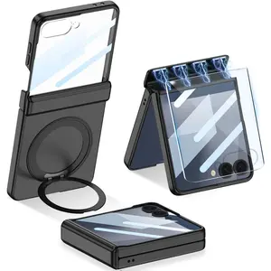 Magnetic Case for Samsung Galaxy Z Flip 7 with & Ring Kickstand & Screen Protector & Magnetic Hinge Protection, [Support Wireless Charging ] Slim Hard PC Shockproof Cover for Galaxy Z Flip 7(Black)