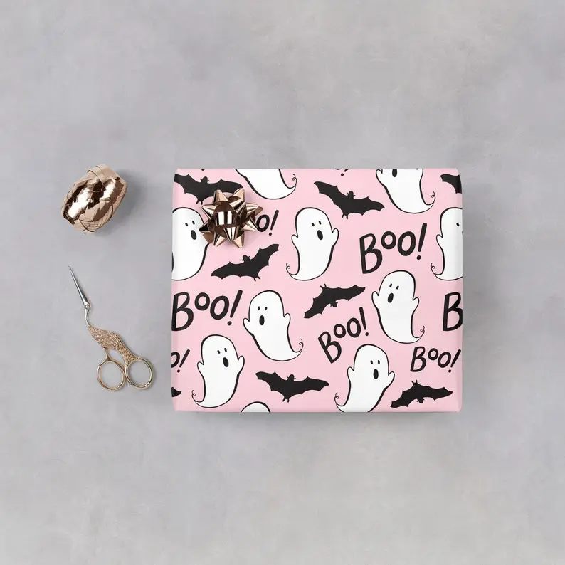 [Wrapping Paper] Pink Halloween Wrapping Paper Cute Ghost Coquette Gift Wrap Pastel Boo Bat Present Paper