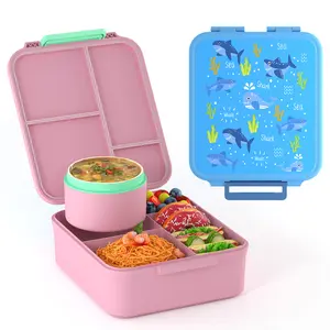 Insulated Bento Box + 8 oz Soup Warmer Hot Food Jar - 4 Lunch Compartments, Includes Utensils, Bright Pink/Blue, Perfect for School Trips & All Occasions Gift