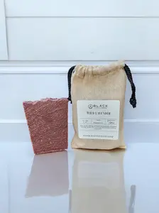 Black Lavender Face & Body Soap - Handmade Soap in Natural Beige Bag with Black Strap - Apple