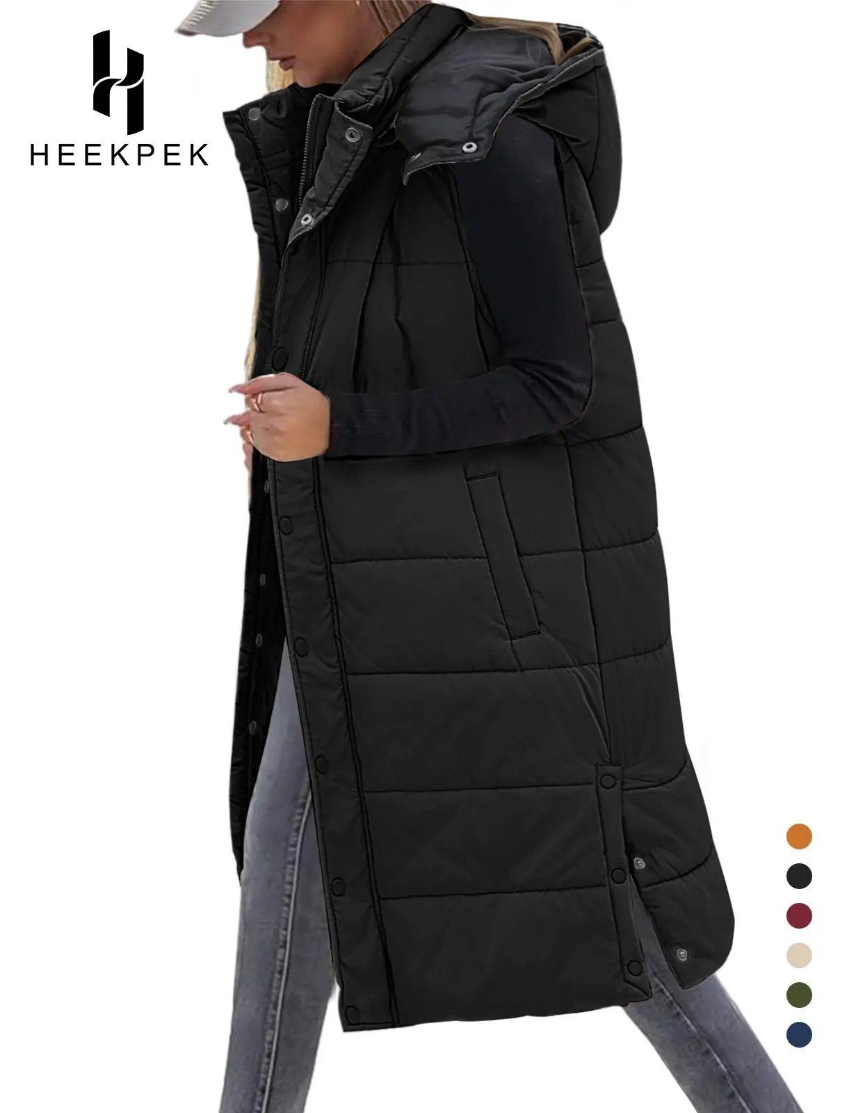 HEEKPEK Women's Slim-Fitting Polyester Long Puffer Vest with Cozy Hood Cover, Wind-Blocking Hood, Sleeveless Winter Outerwear with Pockets for Extra Warmth, Easy Over Tees and Tunics