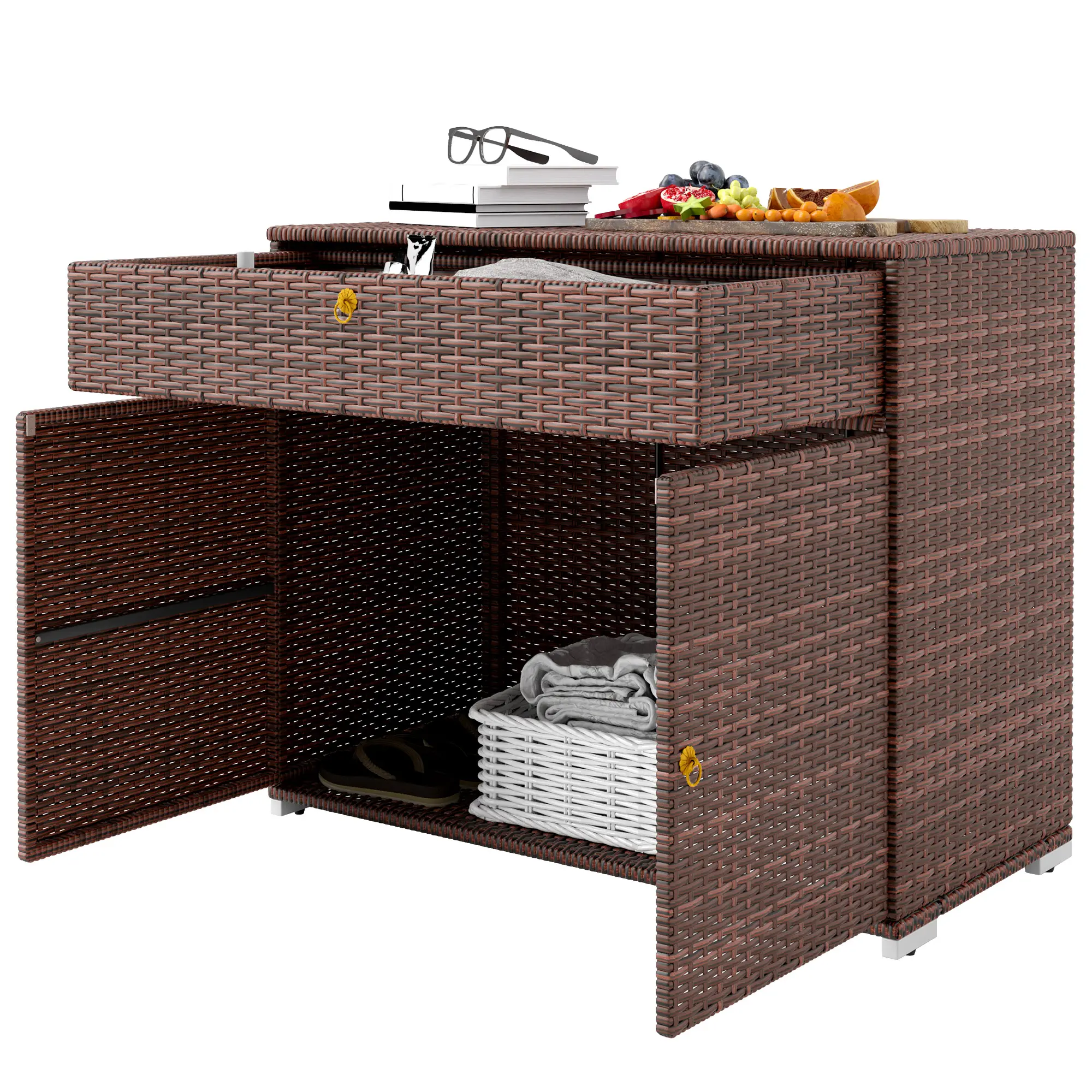 Outsunny Outdoor Storage Cabinet, Hot Tub Accessory Storage, Freestanding PE Rattan Wicker Cabinet with Drawer for Indoor, Outdoor Swimming Pool, Spa, Gray