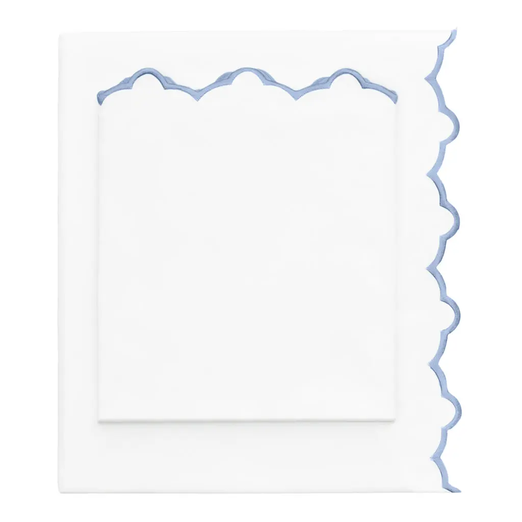 Cornflower Blue Scalloped Embroidered Sheet Set (Fitted, Flat, & Pillow Cases)