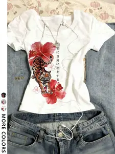 Women's Tiger Flower Print Round Neck T-Shirt, Summer Casual Short Sleeve Top, Vintage Fashion, Perfect for Daily Wear and Outing