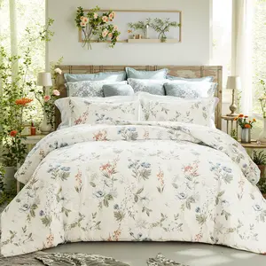 Floral Duvet Cover Queen/King Size 100% Cotton Reversible Duvet Cover Set with Zipper Closure 3 Pieces Soft & Breathable Green Garden Floral Comforter Cover Sets