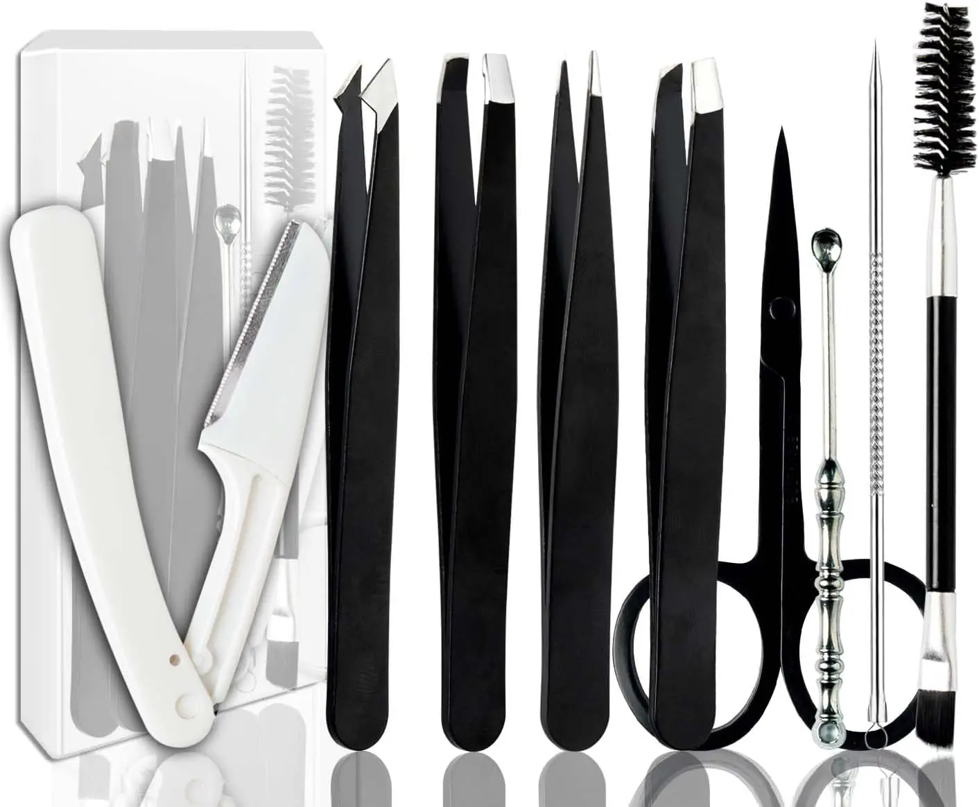 Tweezers for Facial Hair Eyebrow Kit Tweezer Set Black| Removal Tweezers [9+1 PCS] Stainless &Men,Black Beauty Sets