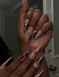 Wild Bloom Fall Press On Nails | Leopard Floral Glam Nails | Luxury Nail Art | Long Stiletto Fall Nails | 3D Flower Nude Press Ons