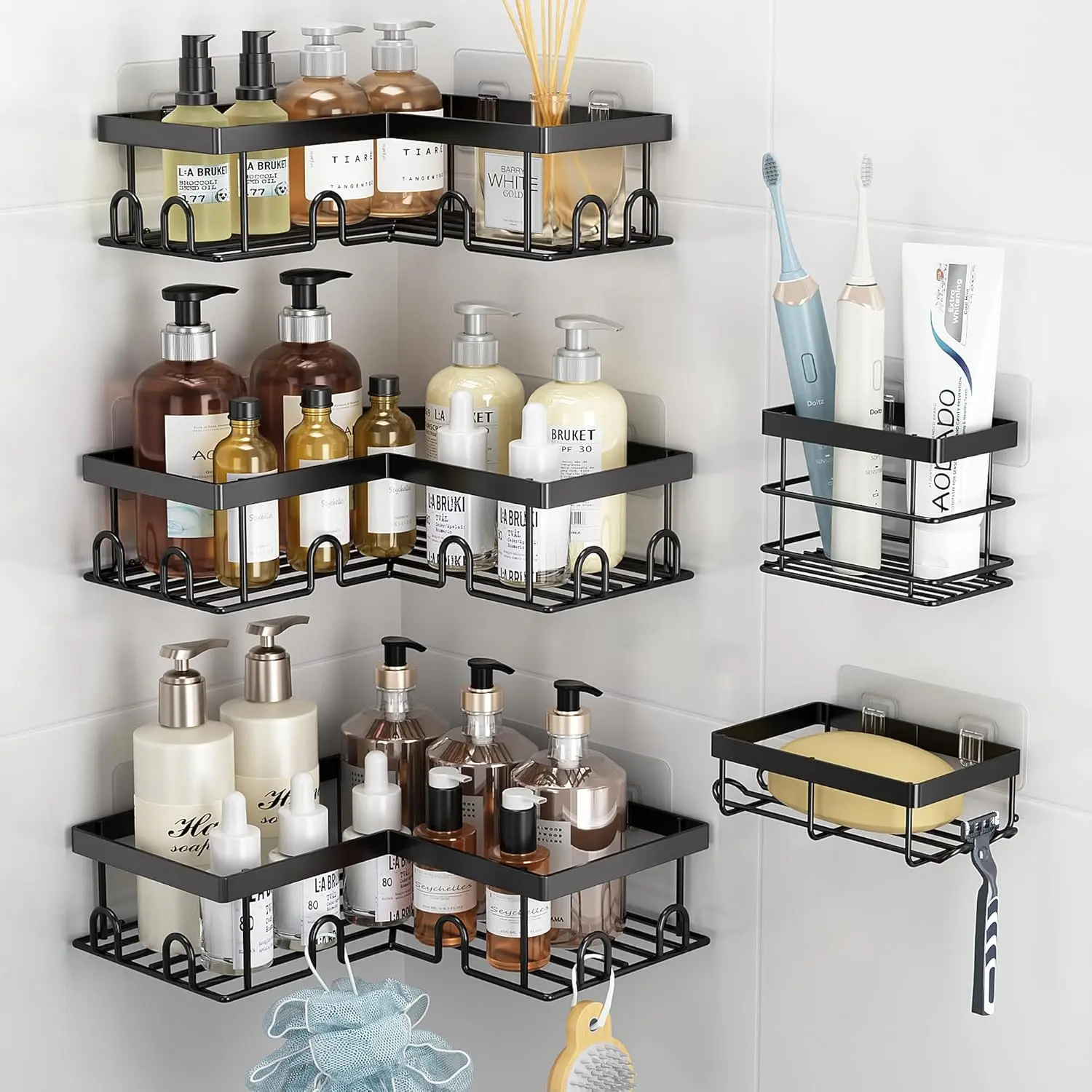 Corner Shower Caddy, 5-Pack Shower Organizer Corner With Soap Holder and Toothbrush HolderRack, Rustproof Corner Shower Shelves, No Drilling Shower Shelf For Inside Shower,  Color Properties To Choose, Shower Caddies hook rack set body wash basket