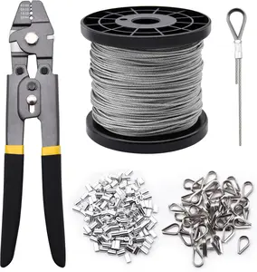 328ft Wire Rope Crimping Tool Kit, Stainless Steel Wire Rope Cable with Aluminum Crimping Sleeves and Stainless Steel Thimbles