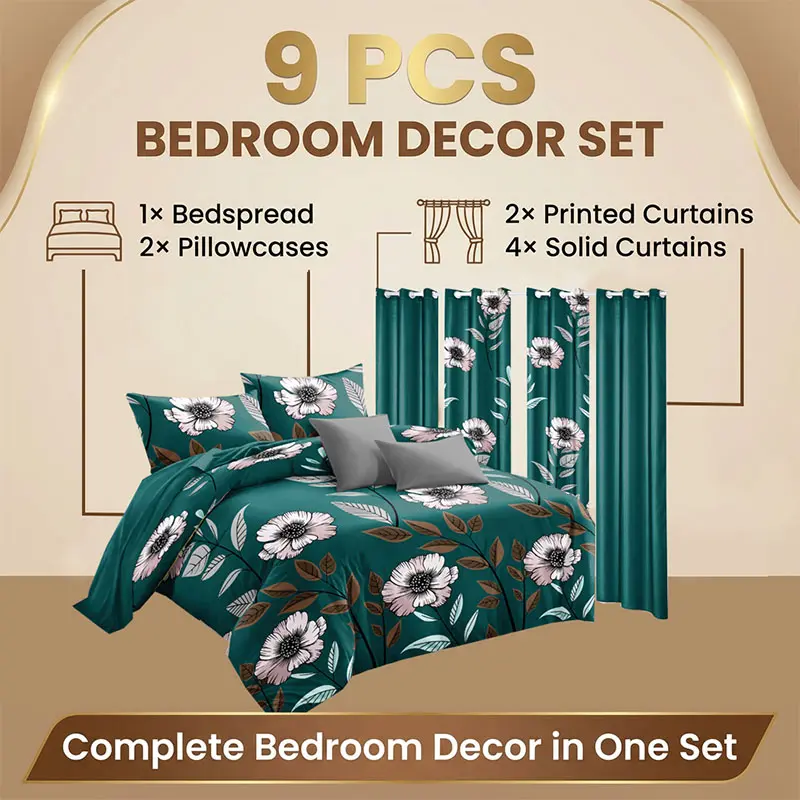 Vintage Dark Green Flower Bedding & Curtain 9PCS All-In-One Bedroom Decor Kit