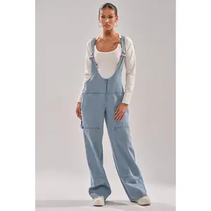 Women's Fitted Sleeveless Denim Hamptons Striped Carpenter Overalls, Adjustable Design