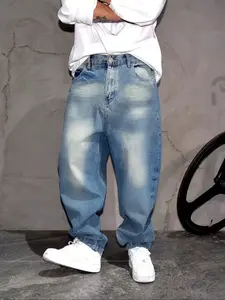 Men's Denim Straight Leg Pants, Casual Classic Light Blue Washed Plain Jeans, Trendy Long Trousers, Loose-Fitting Streetwear Street Style, Menswear All Seasons