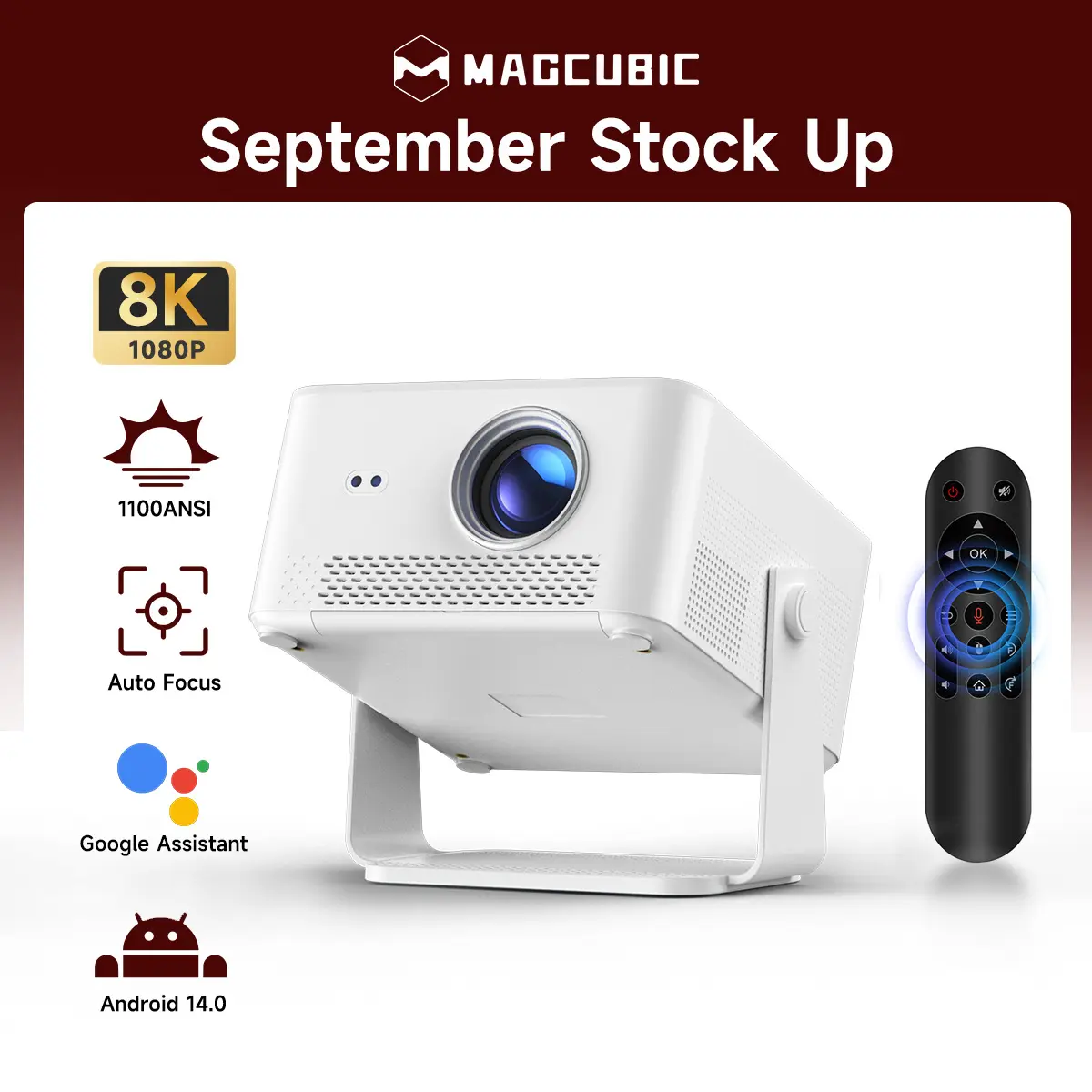 Magcubic HY450Max Home Projector - 1100ANSI, 8K Decode, Auto Focus, 12W Speaker, HDR10+, Android 14.0, Dual WiFi6, BT5.4, Fully Automatic Keystone, 1.0:1 Throw Ratio, Screen Recognition, Automatic Obstacle Avoidance, Local, Cable, USB, Sports, Gaming Use