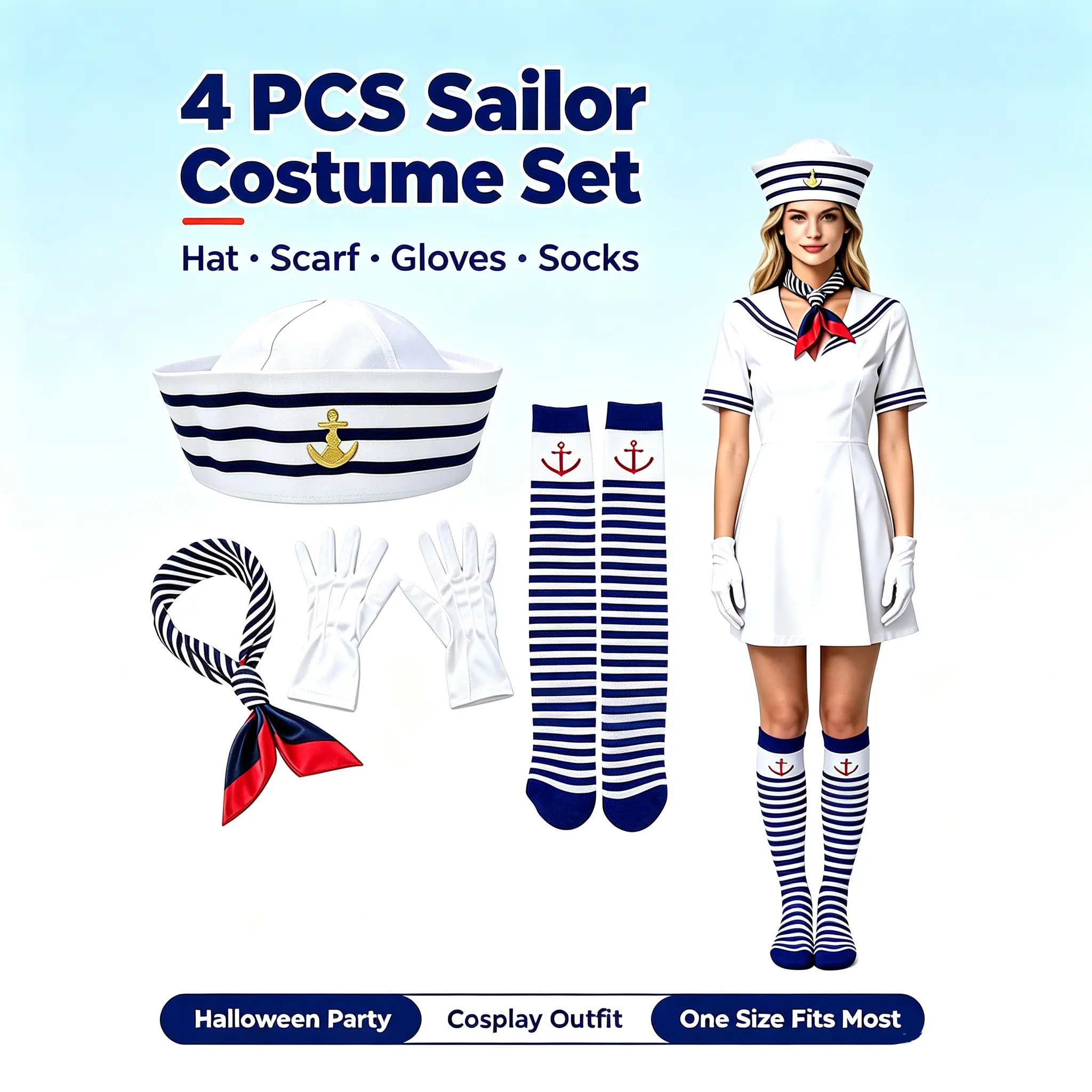 4 PCS Sailor Costume Accessory Set -Sailor Hat, Striped Neck Scarf, White Gloves & Anchor Striped Thigh High Socks Boat Costume For Men Women Halloween Party Costume
