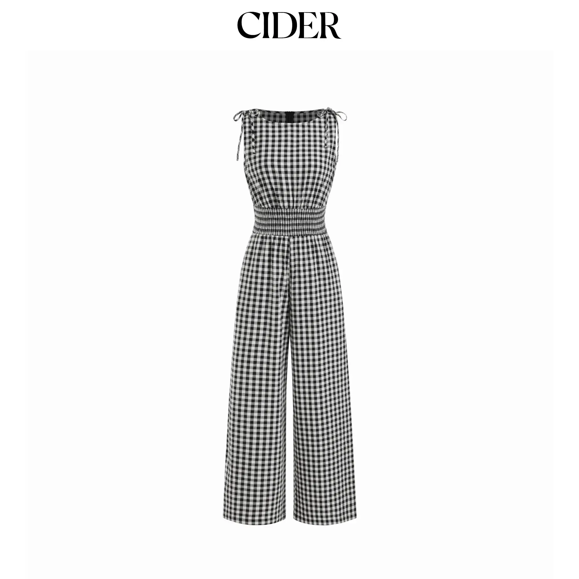 Cider Women's Cotton Checkered Print Casual Jumpsuit - Boat Neck, Adjustable Drawstring, Wide-Leg Overalls