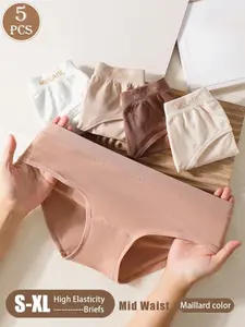 5pcs Seamless Panties Mid Waist Maillard Color Women'S Briefs Lifting Buttock High Elasticity Panty Comfortable & Breathable Woman Lingerie Ladies Flat Belly Sheath Underwear