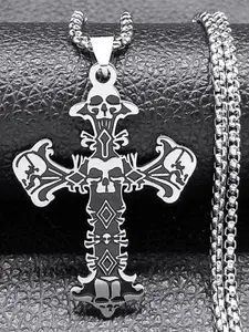 Goth Skeleton Cross Pendant Necklace for Women Men Stainless Steel Skull Chain Necklaces Gothic bijoux homme