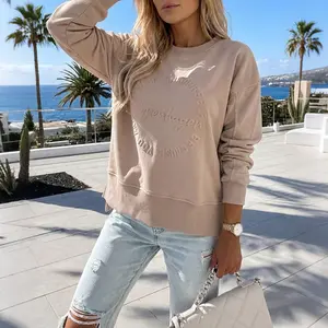 CHICME Women's Loose Crewneck Sweatshirt Embossed Letter Print Pullover Top Casual Side Slit Top