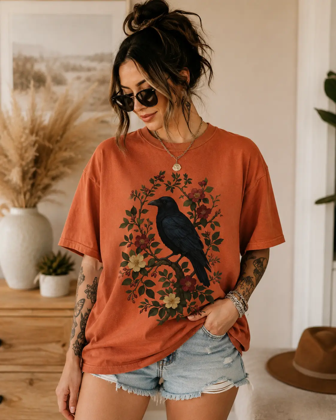 Comfort Colors Raven Floral Graphic T-Shirt Vintage Gothic Botanical Oversized Cottagecore Dark Academia Tee - Eli Deal Power Check Cotton
