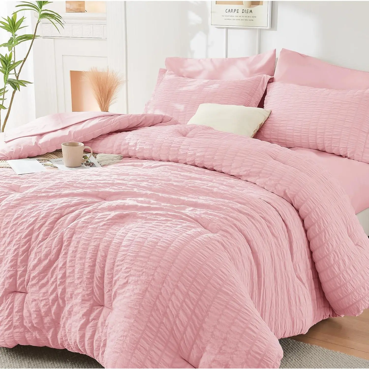 Pink Seersucker Stripe Fiber Twin 6-Piece Comforter Set - Wrinkle-Resistant Pleated Weave Bedding for Bedroom, Includes Comforter and Pillowcase Sham