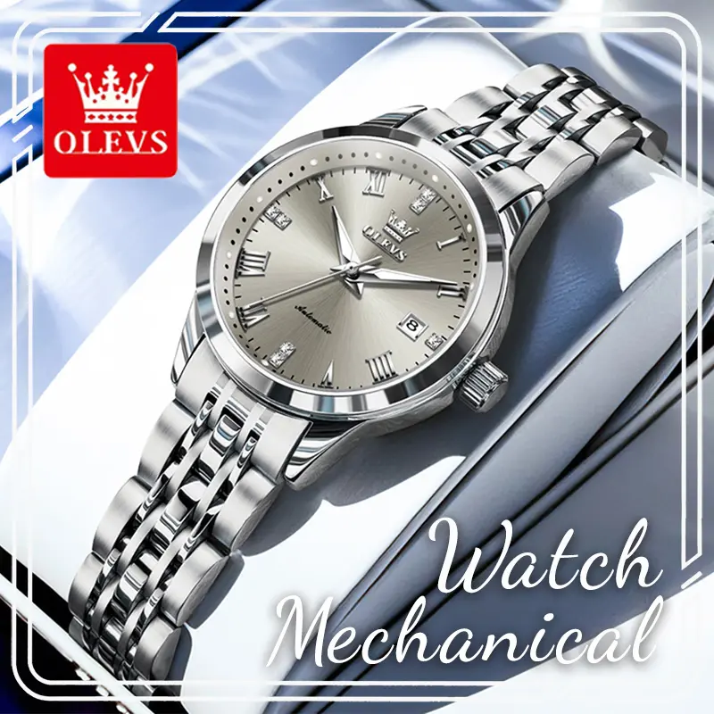 OLEVS 7062 Authentic Women's Automatic Mechanical Wristwatch - 30mm Analog Display, Silver Round Dial with Crystal Rhinestone Hour Markers, Single Date, Luminous Hands, 30-50m Water Resistant, Steel Strap, Premium Fashion Dress Gift for Wife, 30-50 Meters