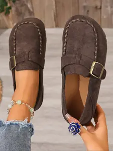 Women's Round Toe Flat Comfortable Faux Suede Work Shoes, Cute Loafers Slip-On Ballet Flats, Fashion Versatile Office Shoes, Commuter Shoes Work