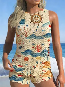 St Patrick's Day Spring Summer New Women's American Style Four-Leaf Clover Lip Letter Knit Sweater Vest Top + Short Pants Set