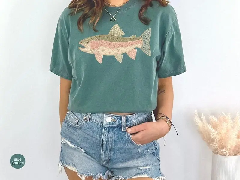 Comfort Colors Faux Patchwork Rainbow Trout Shirt, Printed Quilt Cottagecore Fish Tee, camping tshirt, Outdoorsy gift, Fishing shirt, Lake shirt