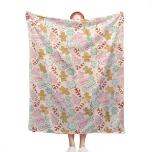 Cozy Flannel Christmas Blanket - Gingerbread Men, Candy Canes & Snowflakes Pastel Pink & Beige - All-Season Soft Bedspread For Bed, Sofa, Travel - Machine Washable Holiday Gift With Holly & Bell Patte
