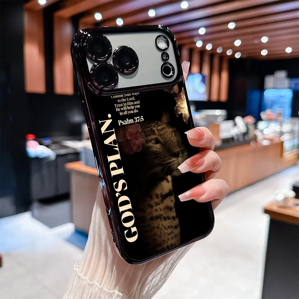 Luxury Customized Leopard Pattern Psalm 37:5 Soft Silicone Smartphone Case - Shockproof, Anti-Drop Protector with Crystal Transparent Electroplating, All-Inclusive Lens, Light-Equipped Accessory for iPhone 17 Pro Max, Air, 16 Pro Max, 15 Plus, 14,13,12,11