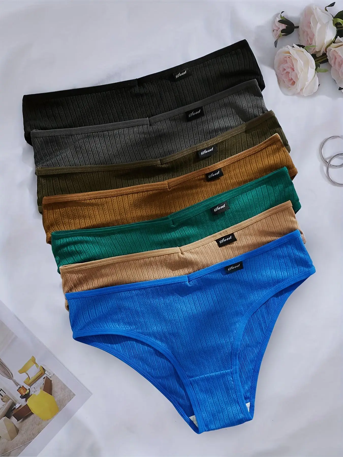 Women's 7pcs Plain Textured Drop Waist Panty, Casual Comfy Breathable Knicker For Daily Wear, Women's Underwear Bottoms For All Seasons