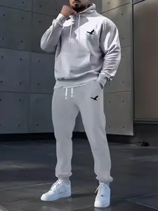 Men's 2-Piece Hoodie & Pants Set - American Streetwear, Long Sleeve, Fashionable Eagle Design, Slight Stretch, Pockets, Regular Cuff, Comfortable Outdoor Loungewear, Beige Menswear Set