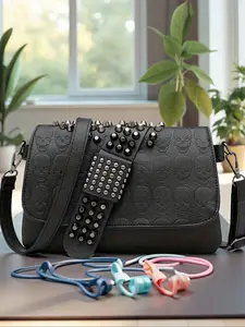 PU Leather Skull Embossed Crossbody Bag, Women's Gothic Punk Rivet Shoulder Bag, Adjustable Strap Casual Bag, All Seasons Street Style