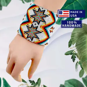Native Inspired Style Ethnic Wide Cuff Beaded Handmade Bracelet - Handmade Boho Seed Bead Jewelry Gift for Women & Men