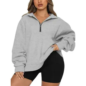 Plus Size Half Zip Sweatshirt Long Sleeve Oversized Casual Gray Cotton Fashion Fleece for Teen Girls Y2K Loose Fit Workout