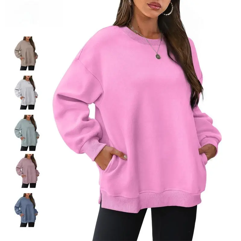 Women's Oversized Cotton Fleece Hoodie Sweatshirt - Casual Long-Sleeve Polyester-Blend Top with Side Pockets, Slit Hem, Streetwear Style, Matching Bottoms, Chic for Bike Outings