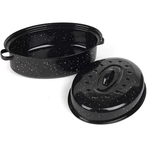 16 Inch Roasting Pan with Lid - Covered Oval Roaster - Enamel Carbon Steel Roaster Pot - Excellent Heat Distribution and Non-sticky - for Turkey Chicken Meat & Vegetables -Birthday and Holiday gifts