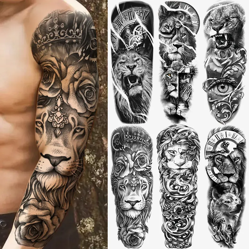 6 Sheets Lion Wolf Animal Temporary Tattoo Stickers, Large Full Arm Fake Tattoos for Men Women Adults, Long-Lasting Body Art Makeup, Tattoo Paper, Aesthetic Tattoo Merch, Ephemeral Tattoos