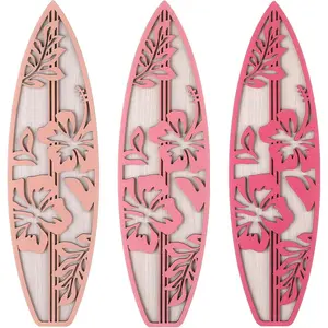 3 Pieces Surfboard Decor for Bedroom Wooden Beach Wall Decor Summer Wood Surfboard Wall Hanging Sign for Tropical Living Room Decoration(Hibiscus,Pink)