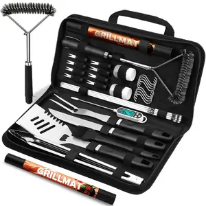 31pcs Stainless Steel BBQ Grill Accessories Set for Men Dad, Heavy Duty Grilling Tools for Outdoor Camping, BBQ Utensils Kit with Mats, Grill Brush in Carrying Bag Black