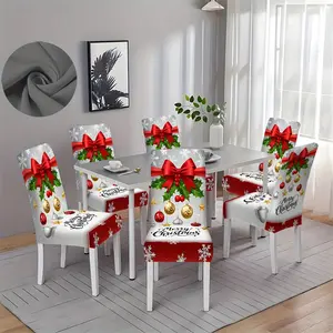 4/6pcs Gray Background Red Bow Wintergreen Berry Golden and Red Christmas Ball Star Merry Christmas Printed Elastic Chair Cover  Rich Christmas Atmosphere Design Removable and Reusable Chair Protective Cover