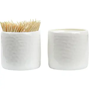2 Pcs White Porcelain Toothpick Holders Dispensers with 400 Pcs Bamboo Toothpicks Included