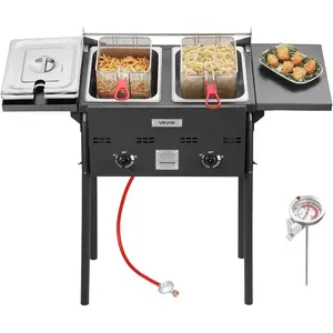VEVOR Outdoor Propane Deep Fryer, Dual - Tank 18QTx2 Commercial Fryer, Multi - Purpose Portable Frying Cart with Wheel, 3 Basket, 2 Thermometer, Stainless Steel Cooker for Fish Fry Wings Fries, 40, 000 BTUVEVOR Super Brand Day