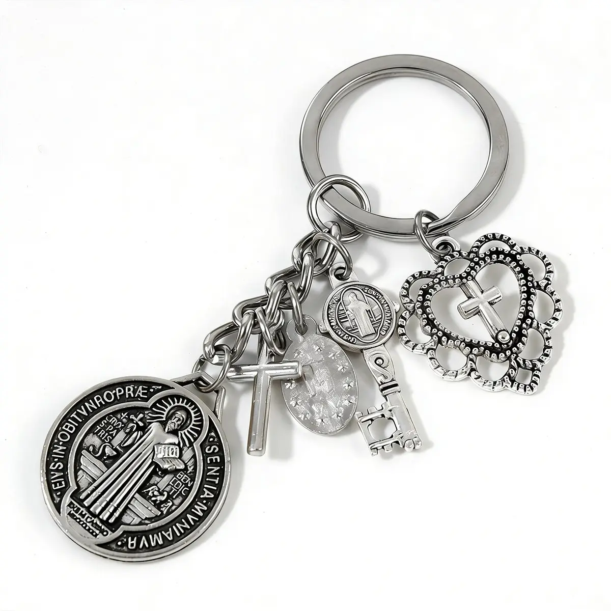 St Benedict Heart Keychain, Vintage Dual-Sided Cross Key Ring, fashionable alloy keychain, Zinc Alloy Keychain, Bag Pendant, Car Ornament, Baptism Gift, Birthday Present for Men and Women, Accessories, Key Holders, Keyrings For Keys